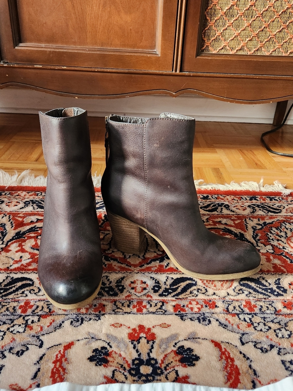 Ralph Lauren Brown Leather Block Heel Ankle Boots